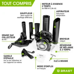 Aspirateur Souffleur Broyeur Thermique - 1000W, 30cc, 3en1 Moteur Essence à 2 temps Léger, Vitesse D'air De 73,6 m/s, Sac 55l - BRAST 3 En 1 Multifonction 10 Aspirateur Souffleur Broyeur Thermique - 1000W, 30cc, 3en1 Moteur Essence à 2 temps Léger, Vitesse D'air De 73,6 m/s, Sac 55l - BRAST 3 En 1 Multifonction -Flore Riche Soldes Magasin 14074562 4