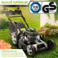 Tondeuse Thermique Autotractée 53cm 224cc 7cv Vitesse D'entraînement Triple Réglable Marque Française GT 60l Réglage Central 30-80mm, Capot En Tôle En Acier, 4 En 1 – Modèle 21224 SPEED De BRAST