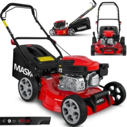 MASKO® Tondeuse à Essence 5 En 1 Roue Motrice Fonction De Nettoyage EasyClean Fonction Mulching Éjection Latérale Largeur De Coupe élevée Réglage De La Hauteur De Coupe Sur 8 Positions | Moteur 4 Temps | Bac De Ramassage, Rouge Noir, Schnittbreite 42cm (de)