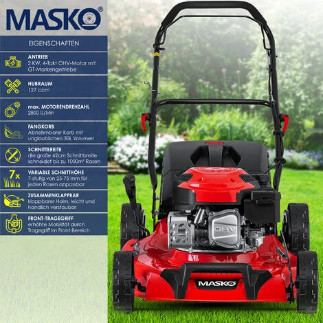 MASKO® Tondeuse à Essence 5 En 1 Roue Motrice Fonction De Nettoyage EasyClean Fonction Mulching Éjection Latérale Largeur De Coupe élevée Réglage De La Hauteur De Coupe Sur 8 Positions | Moteur 4 Temps | Bac De Ramassage, Rouge Noir, Schnittbreite 42cm (de) 4 MASKO® Tondeuse à Essence 5 En 1 Roue Motrice Fonction De Nettoyage EasyClean Fonction Mulching Éjection Latérale Largeur De Coupe élevée Réglage De La Hauteur De Coupe Sur 8 Positions | Moteur 4 Temps | Bac De Ramassage, Rouge Noir, Schnittbreite 42cm (de) – Image 2