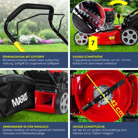 MASKO® Tondeuse à Essence 5 En 1 Roue Motrice Fonction De Nettoyage EasyClean Fonction Mulching Éjection Latérale Largeur De Coupe élevée Réglage De La Hauteur De Coupe Sur 8 Positions | Moteur 4 Temps | Bac De Ramassage, Rouge Noir, Schnittbreite 42cm (de) 5 MASKO® Tondeuse à Essence 5 En 1 Roue Motrice Fonction De Nettoyage EasyClean Fonction Mulching Éjection Latérale Largeur De Coupe élevée Réglage De La Hauteur De Coupe Sur 8 Positions | Moteur 4 Temps | Bac De Ramassage, Rouge Noir, Schnittbreite 42cm (de) – Image 3