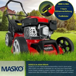 MASKO® Tondeuse à Essence 5 En 1 Roue Motrice Fonction De Nettoyage EasyClean Fonction Mulching Éjection Latérale Largeur De Coupe élevée Réglage De La Hauteur De Coupe Sur 8 Positions | Moteur 4 Temps | Bac De Ramassage, Rouge Noir, Schnittbreite 42cm (de) -Flore Riche Soldes Magasin 54827847 4 1