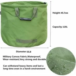 Sac De Jardinage 125L Extra-Robuste Avec Poignées, Sac De Ramassage Feuilles Verte Avec Toile Militaire (H45.7 Cm, D55.8 Cm) -Flore Riche Soldes Magasin 85793373 5